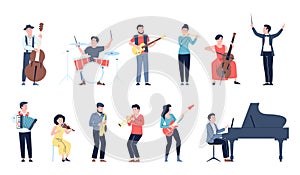 Musicians characters. Musician play at guitar, piano and violin. Classic and modern musical instruments, orchestra and