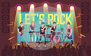 Musicians on concert. Rock band and pop musicians, sound equipment and musical instruments, guitarists and drummer on