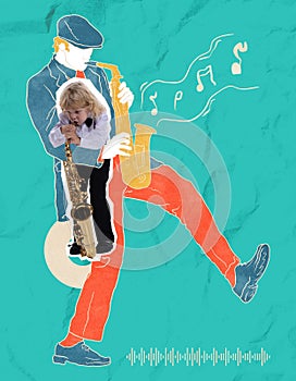 Musicians. Contemporary art collage with little boy, kid playing saxophone over drawn portrait of man. Concept of inner