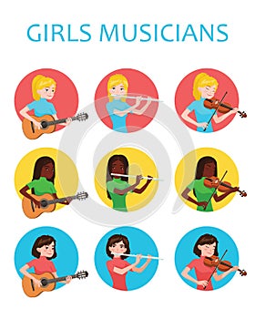 Musicians girls is inspired to play different musical instruments. Violinist, flutist, guitarist. Vector illustration in