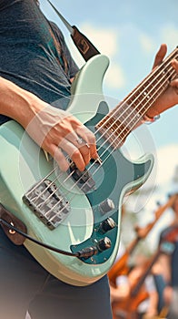 Musicians hands strum green bass guitar, captivating concert audience