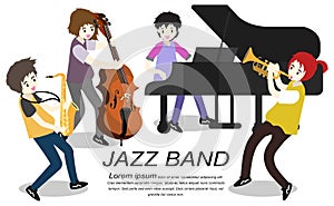 Musicians Jazz band ,Play guitar,bassist ,Piano,Saxophone .Jazz band.Vector illustration on background in cartoon style