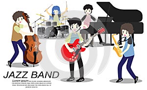 Musicians Jazz band , Play guitar, bassist , Piano, Saxophone . Jazz band. Vector illustration isolated on background in cartoon s