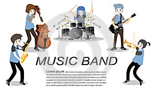 Musicians Jazz group ,Play guitar,Saxophoneist;trumpet player; guitarist, drummer, solo guitarist, bassist. Jazz band.Vector illus