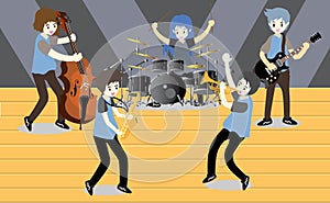 Musicians Jazz group ,Play guitar,Saxophoneist;trumpet player; guitarist, drummer, solo guitarist, bassist. Jazz band.Vector illus