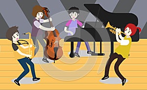 Musicians Jazz group ,Play guitar,Saxophoneist;trumpet player; guitarist, drummer, solo guitarist, bassist. Jazz band.Vector illus