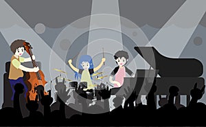 Musicians Jazz group ,Play guitar,Saxophoneist;trumpet player; guitarist, drummer, solo guitarist, bassist. Jazz band.Vector illus