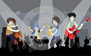 Musicians Jazz group ,Play guitar,Saxophoneist;trumpet player; guitarist, drummer, solo guitarist, bassist. Jazz band.Vector illus