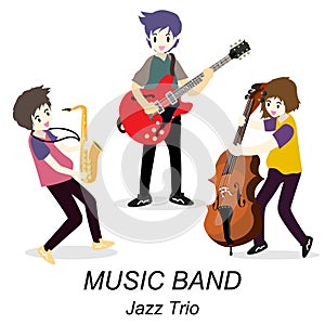 Musicians Jazz Trio ,Play guitar,solo guitarist, bassist,Saxophone. Jazz band.Vector illustration isolated on background in cartoo