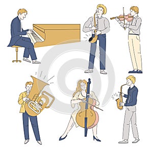 Musicians with musical instruments, jazz or classic music, isolated characters