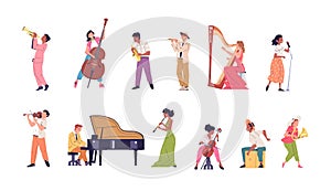 Musicians orchestra characters. Musician philharmonic band performing opera performance classic musical instrument