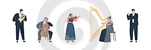Musicians performing classic melodies on music instruments. People playing on cello, flute, harp, trumpet and violin