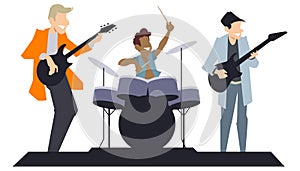 Musicians performing music. Rockers on stage. Rock stars. Illustration for internet and mobile website