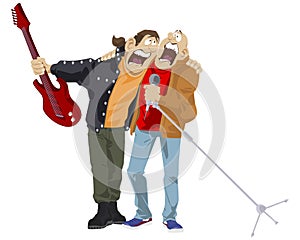 Musicians performing song. Rockers on stage. Rock stars. Illustration for internet and mobile website