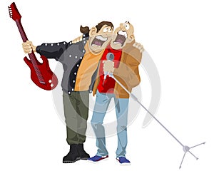Musicians performing song. Rockers on stage. Rock stars. Illustration for internet and mobile website photo