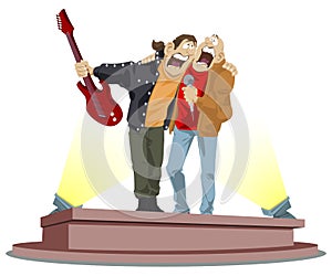 Musicians performing song. Rockers on stage. Rock stars. Illustration for internet and mobile website photo