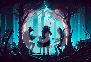 Musicians play music in forest at night. Neon colour of elysium forest with hipster musical band playing.