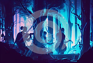 Musicians play music in forest at night. Neon colour of elysium forest with hipster musical band playing.