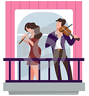 Musicians playing on balcony, violinist and flutist on concert
