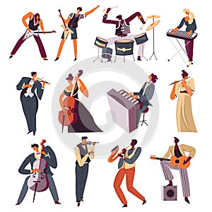 Musicians playing instruments in orchestra vector