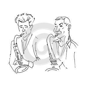 Musicians plays the saxophone. Jazz, live music, blues sketch. Vintage vector illustration