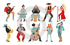 Musicians. Rock band, pop musician. Music instruments guitarists drummers, singers artists with microphones, cartoon