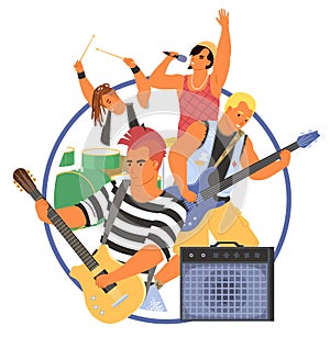 Musicians rock band round poster vector illustration