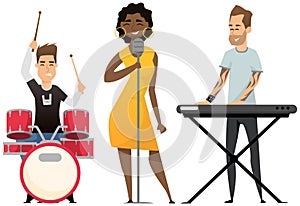 Musicians rock group perform on stage. Drummer, keyboardist and happy young girl singer