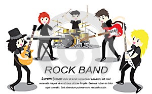 Musicians rock group , Play guitar, Singer, guitarist, drummer, solo guitarist, bassist, keyboardist. Rock band. Vector illustrati photo