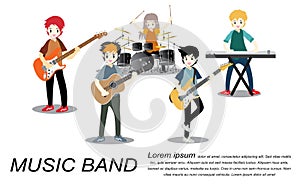 Musicians rock group ,Play guitar,Singer, guitarist, drummer, solo guitarist, bassist, keyboardist. Rock band.Vector illustration