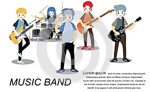 Musicians rock group ,Play guitar,Singer, guitarist, drummer, solo guitarist, bassist, keyboardist. Rock band.Vector illustration photo