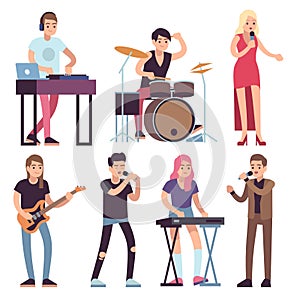 Musicians. Rock and pop musicians with microphones, guitarists and drummers, vocalists musical performance, vector