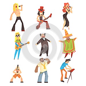 Musicians And Singers Of Different Music Styles Performing On Stage In Concert Set Of Cartoon Characters