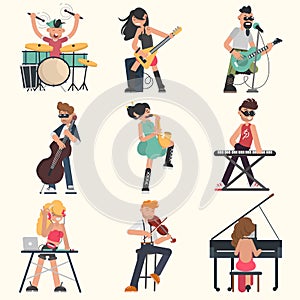 Musicians with their musical instruments set. Color vector illustrations