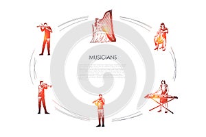 Musicians - violinist, harpist, cellist, xylophone player, flutist, bassoonist vector concept set