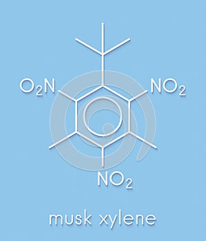 Musk xylene molecule. Highly persistent and bioaccumulative pollutant used as a synthetic musk fragrance. Skeletal formula. photo