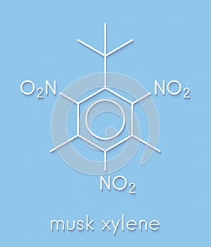 Musk xylene molecule. Highly persistent and bioaccumulative pollutant used as a synthetic musk fragrance. Skeletal formula.