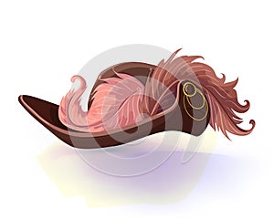 Musketeer or pirate vintage hat with feather isolated on white background. Vector illustration .Masquerade or carnival costume hea photo