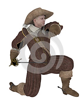 Musketeer with sword kneeling photo