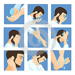 Muslim ablution, purification guide. Step by step position using water.