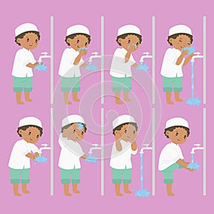 Muslim African American Boy Perform Ablution Steps Vector Collection