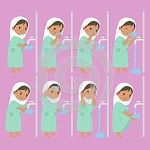 Muslim African American Girl Perform Ablution Steps Vector Collection