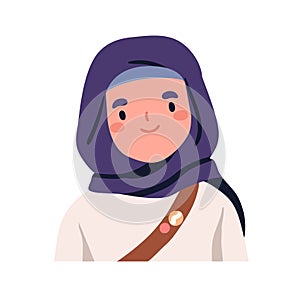 Muslim Arab girl, wearing hijab, headscarf. Happy cute Arabian Islamic child in headwear portrait. Moslem kid smiling