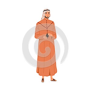 Muslim Arab man in thobe and headwear. Saudi Arabian person in traditional apparel, tunic and kufiya. Eastern male with photo