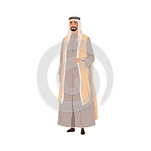 Muslim Arab man wearing traditional apparel, thobe, vest and headwear. Arabian person in tunic and keffiyeh. Oriental photo