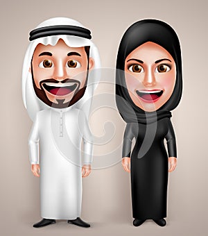 Muslim arab man and woman vector character wearing arabic traditional abaya