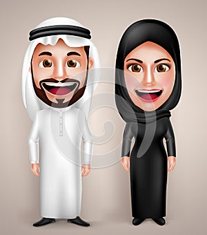Muslim arab man and woman vector character wearing arabic traditional abaya photo