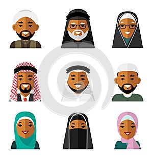 Muslim arab people characters avatars icons set in flat style isolated on white background