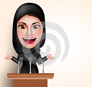 Muslim arab woman talking in microphone in front of conference for politic