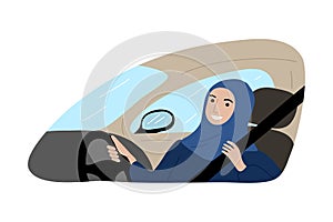 Muslim Arab woman in traditional blue hijab with a safety belt driving a car. Vector illustration in flat cartoon style.